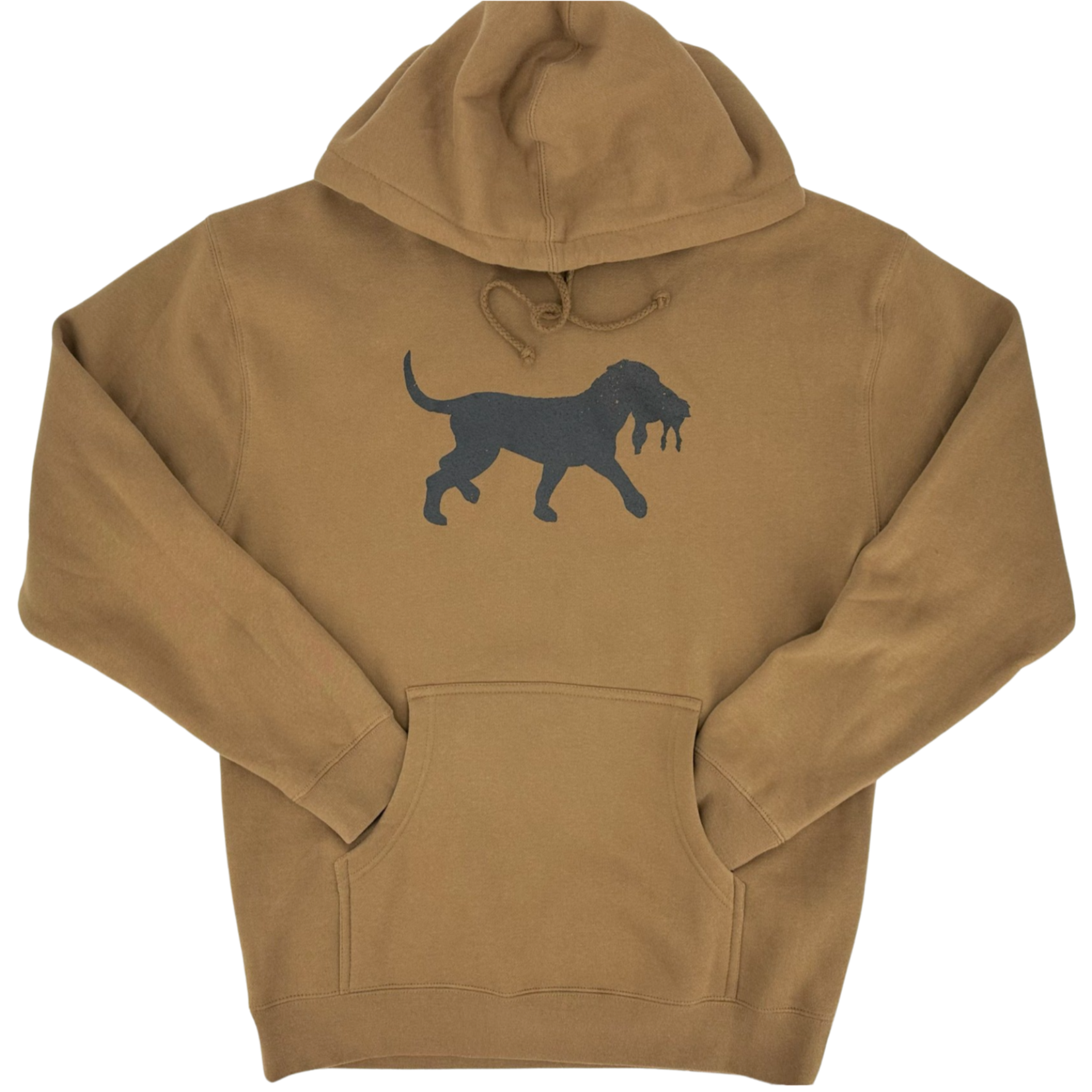 Brown hoodie with a black dog graphic on a white background