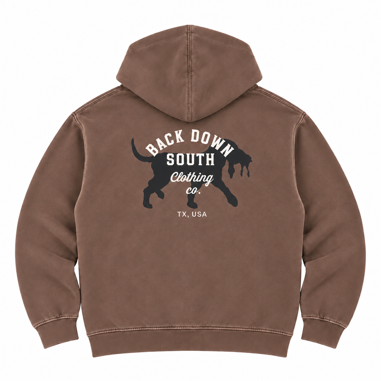 Back Down South Faded Tobacco Fleece Hoodie, back view with full dog logo graphic