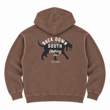 Back Down South Faded Tobacco Fleece Hoodie, back view with full dog logo graphic