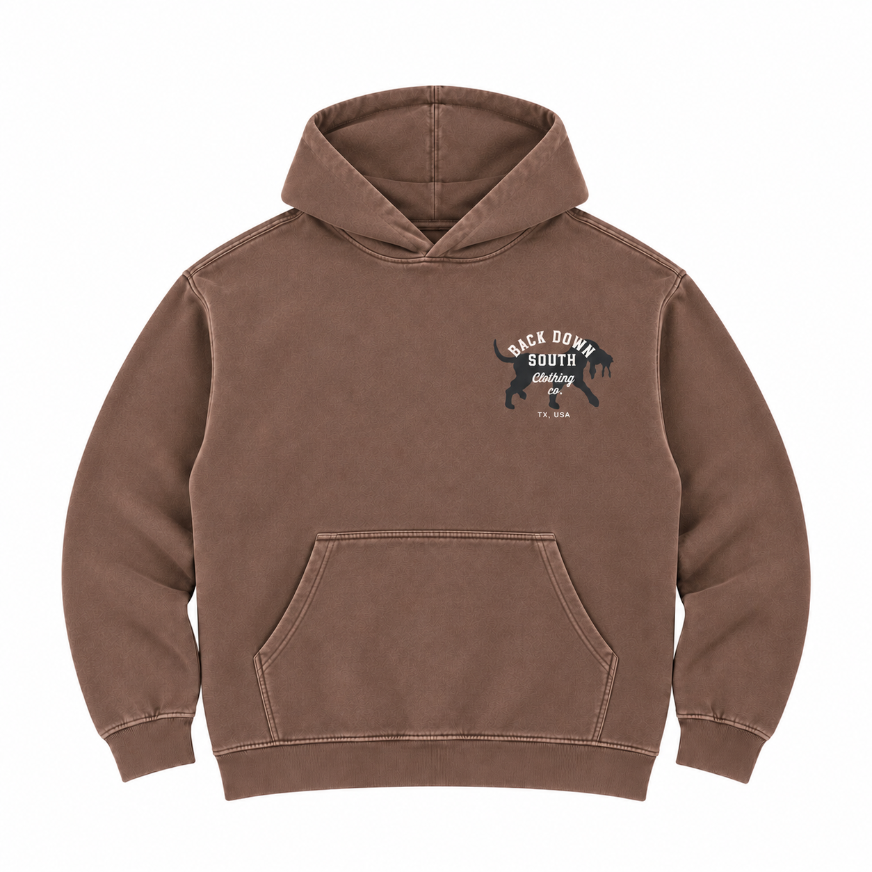 Back Down South Faded Tobacco Fleece Hoodie, front view with left chest dog logo