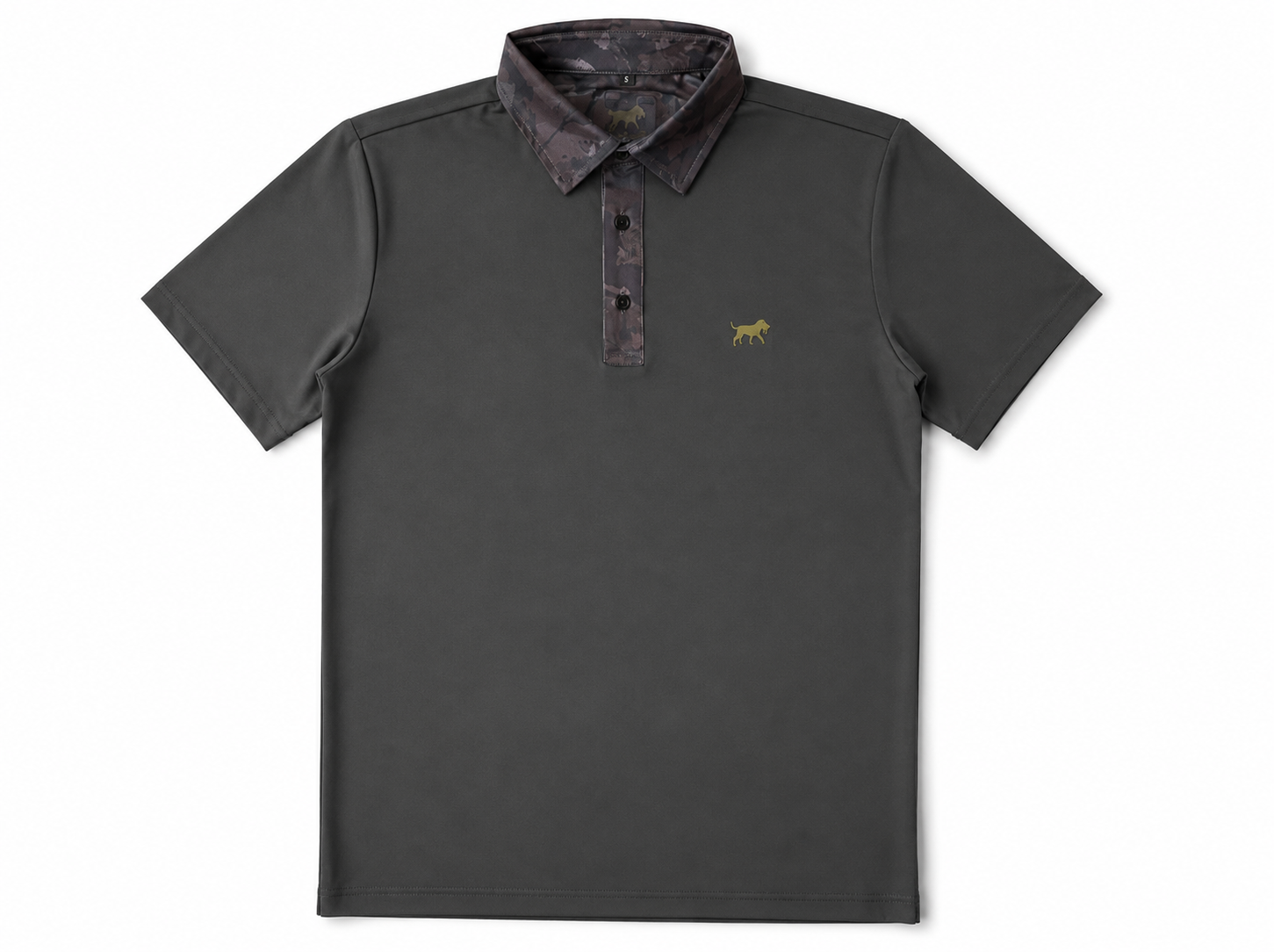 Southern Swing performance golf polo in graphite dark woods camo, front view