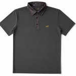 Southern Swing performance golf polo in graphite dark woods camo, front view