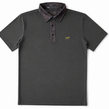 Southern Swing performance golf polo in graphite dark woods camo, front view
