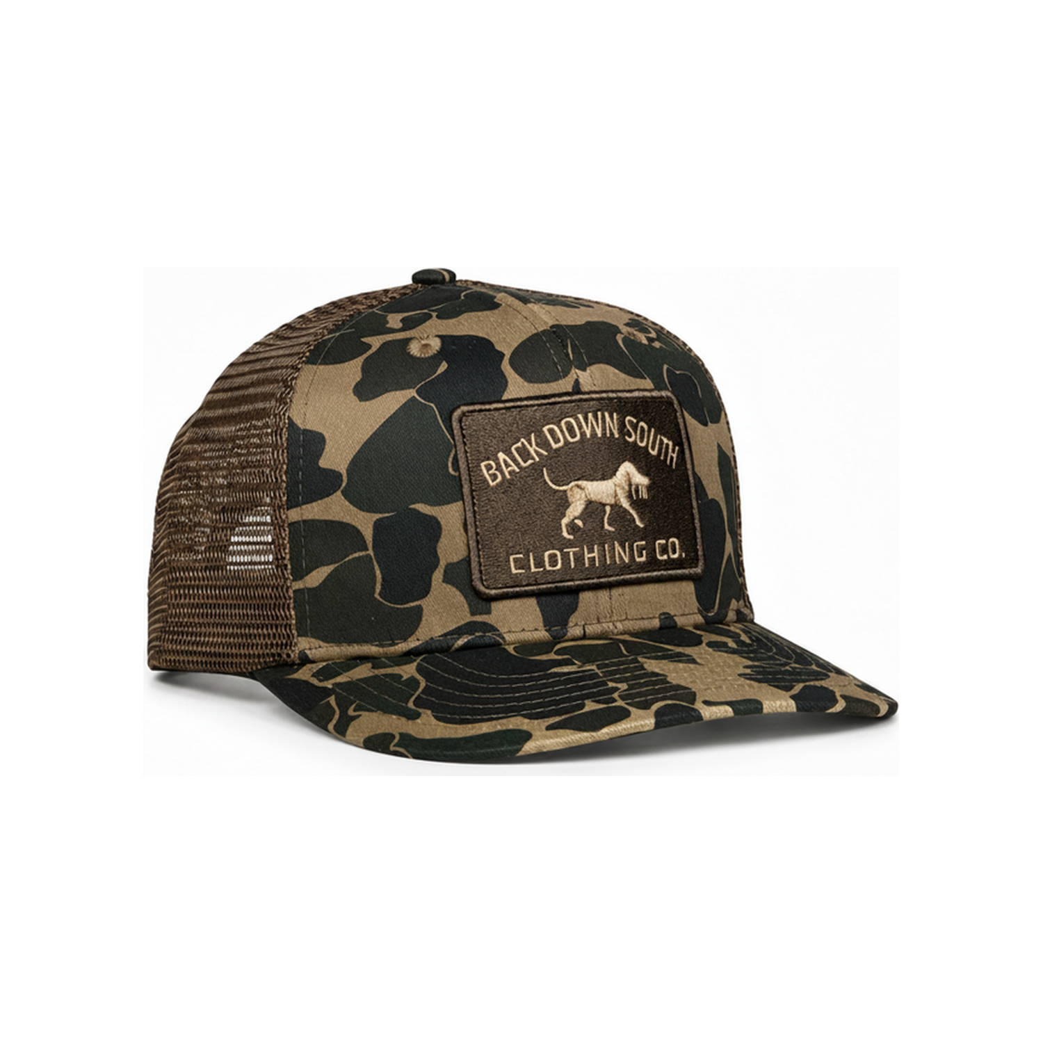 Waxed Pursuit Trucker Hat - Duck Camo, front view