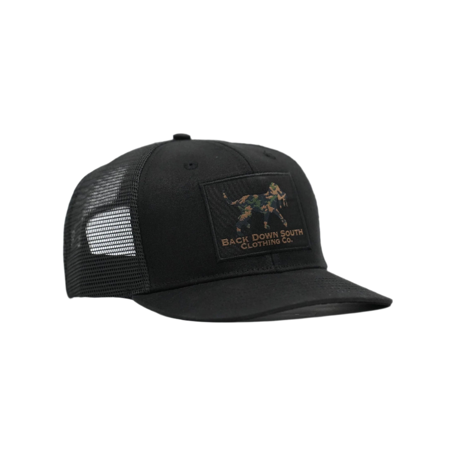 Waxed Pursuit Trucker Hat - Camo Logo Patch, front view