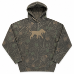 A camouflage pullover hoodie featuring a brown and green woodland branch pattern with a tan silhouette of a hunting dog on the chest, displayed against a solid white background.