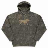 A camouflage pullover hoodie featuring a brown and green woodland branch pattern with a tan silhouette of a hunting dog on the chest, displayed against a solid white background.