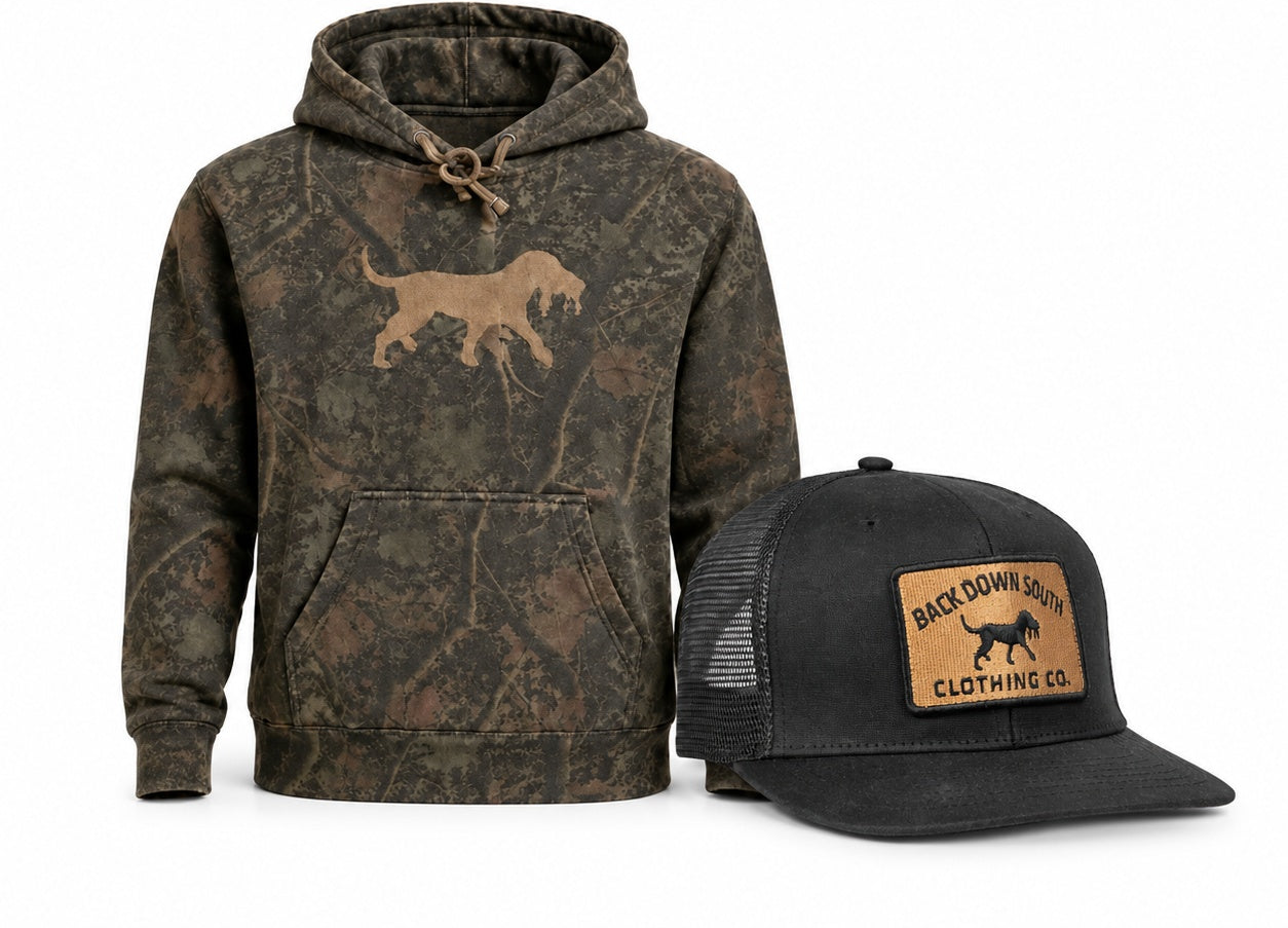 Dark Woods Camo Hoodie with Black & Gold waxed trucker hat bundle - $99