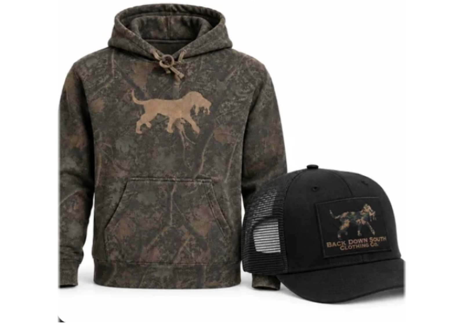 Dark Woods Camo Hoodie with Camo Logo Patch waxed trucker hat bundle - $99