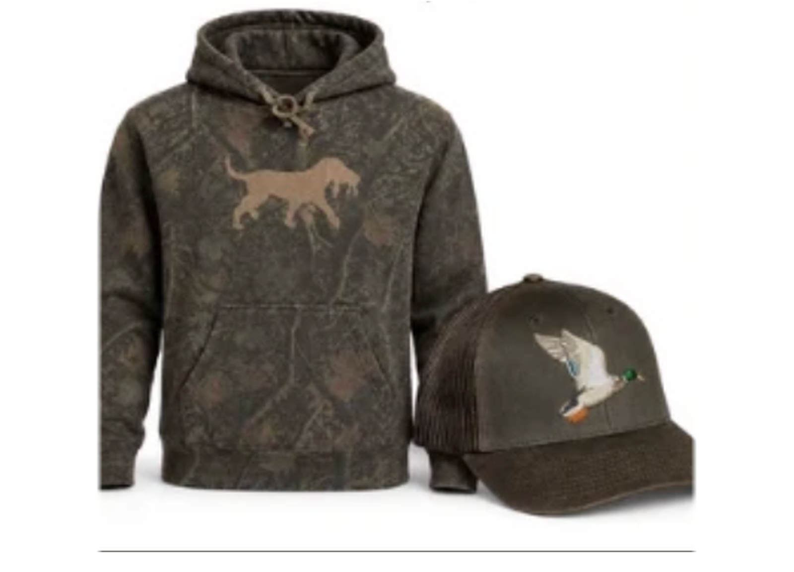 Dark Woods Camo Hoodie with Brown Greenhead waxed trucker hat bundle - $99