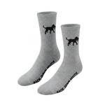 Gray socks with black dog illustrations and 'Back Down South' text on a white background