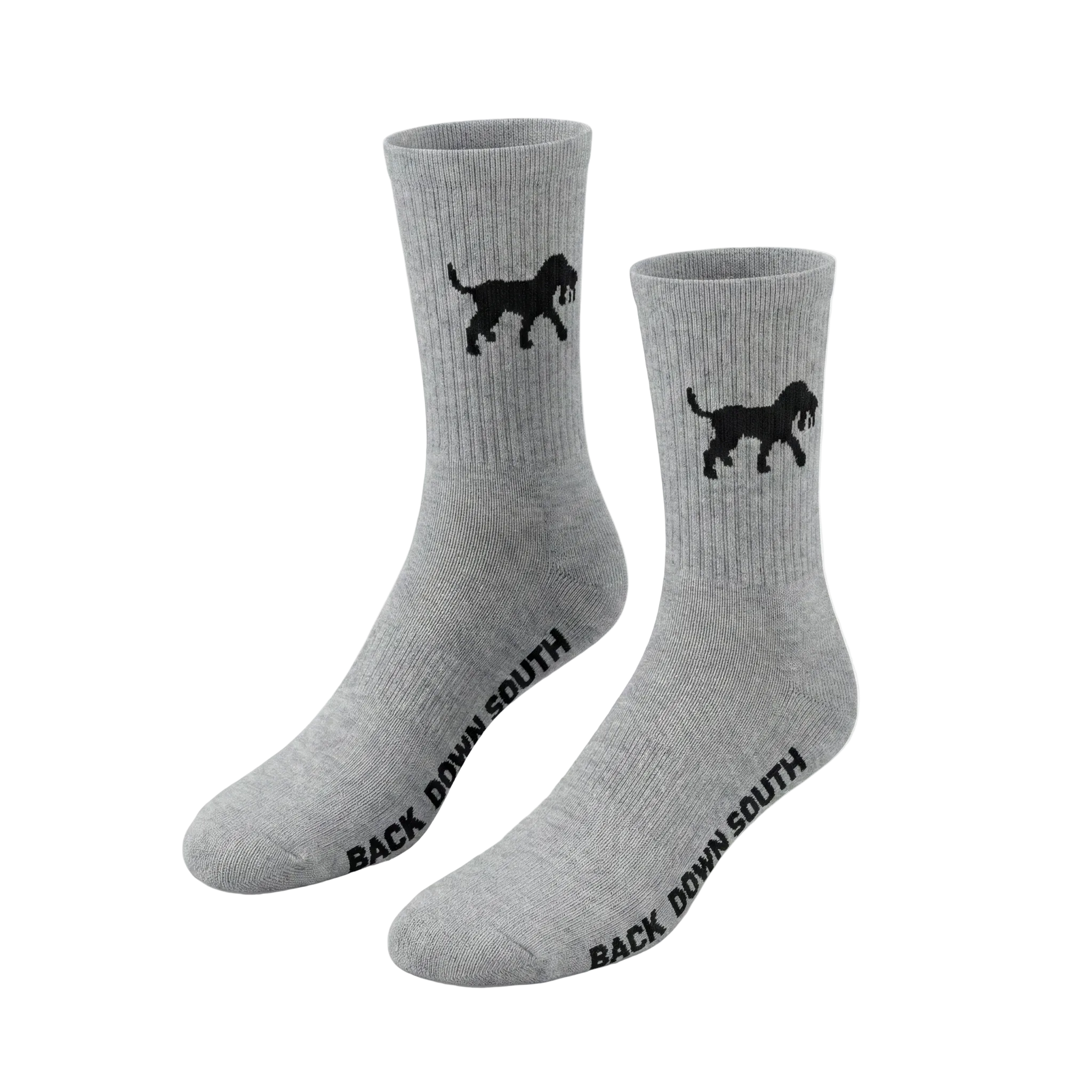 Gray socks with black dog illustrations and 'Back Down South' text on a white background