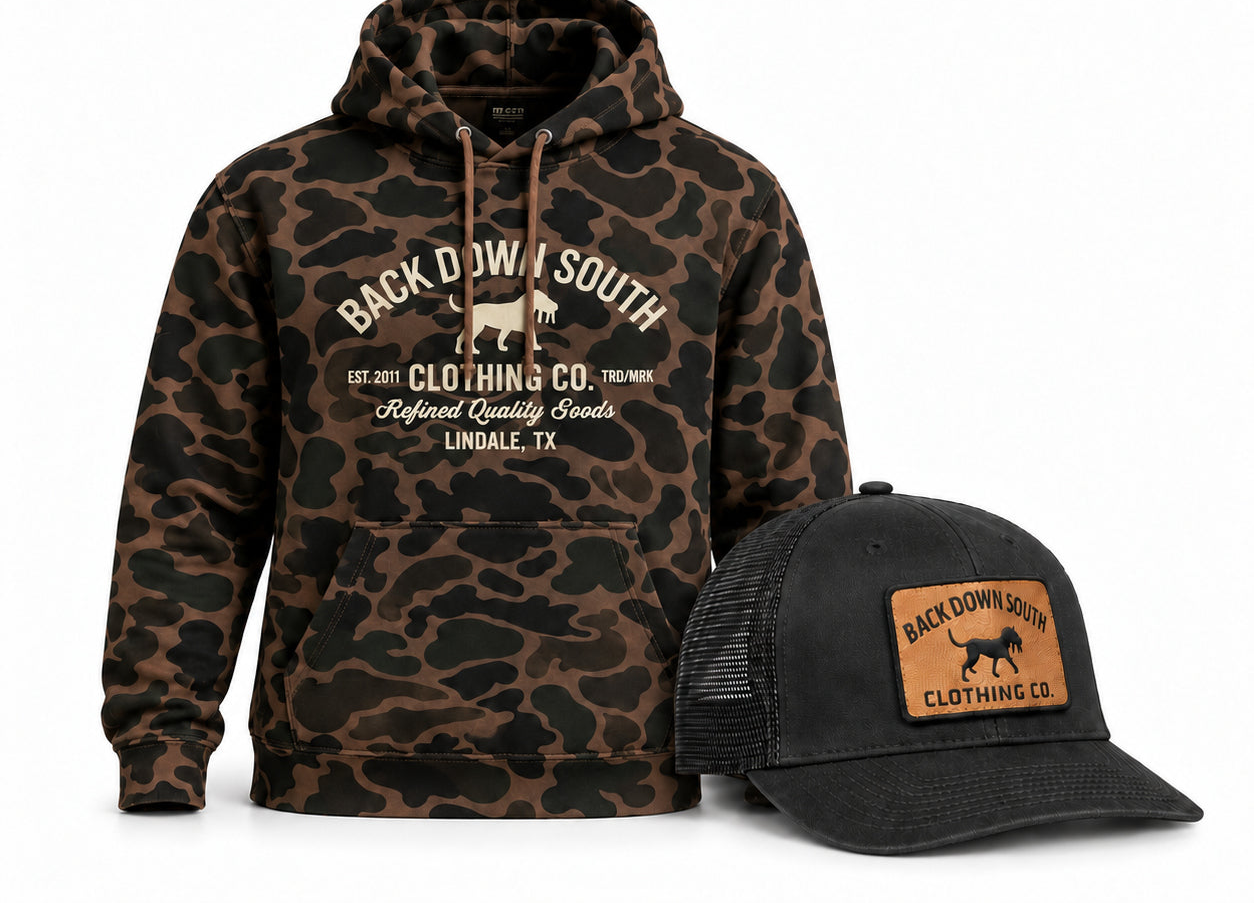 Old School Camo Hoodie with Black & Gold waxed trucker hat bundle - $99