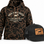Old School Camo Hoodie with Black & Gold waxed trucker hat bundle - $99
