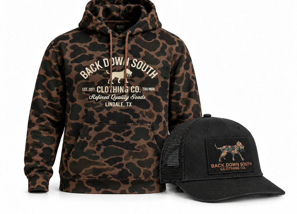 Old School Camo Hoodie with Camo Logo Patch waxed trucker hat bundle - $99