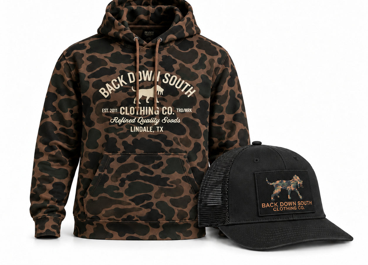 Old School Camo Hoodie with Camo Logo Patch waxed trucker hat bundle - $99