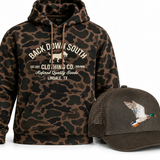 Old School Camo Hoodie with Brown Greenhead waxed trucker hat bundle - $99