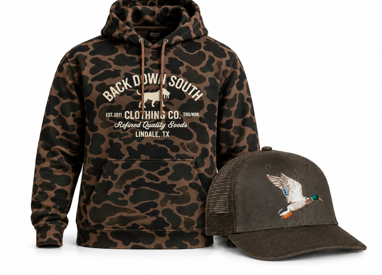 Old School Camo Hoodie with Brown Greenhead waxed trucker hat bundle - $99