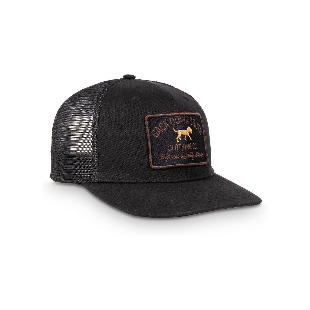 Waxed trucker hat product video, close-up of waxed canvas texture and construction